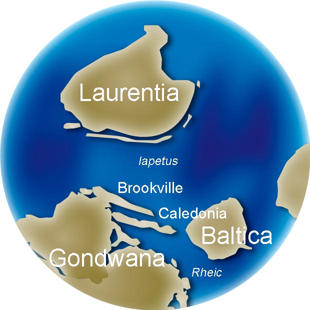 Image couleur du globe montrant le déplacement des continents Gondwana, Baltica, Laurentia