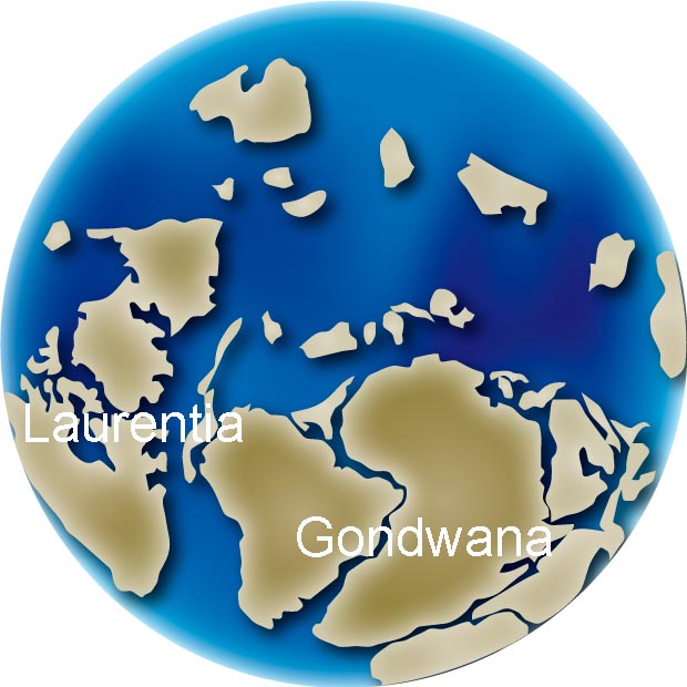Colour image of globe showing changing position of continents Gondwana, Laurentia
