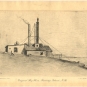 Black and white print of bulding with smoke stack and pole with horn on roof
