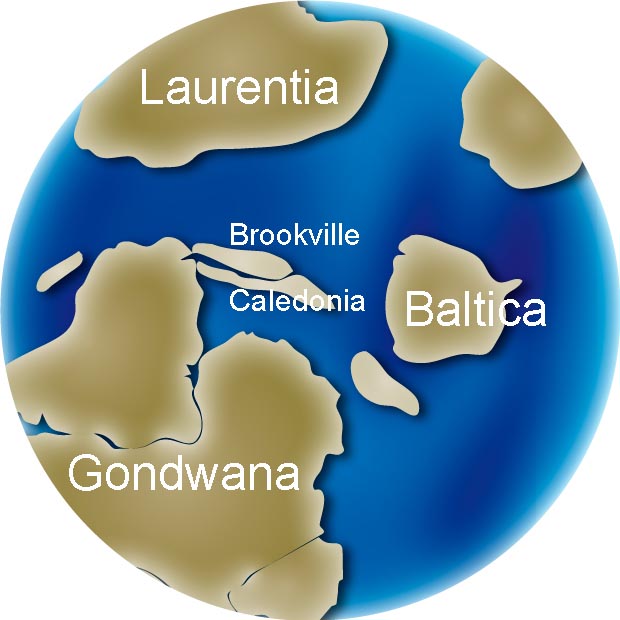 Colour image of globe showing changing position of continents Gondwana, Baltica, Laurentia, Brookville, Caledonia