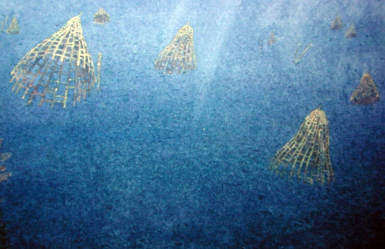 Colour image of blue ocean and jellyfish like animals