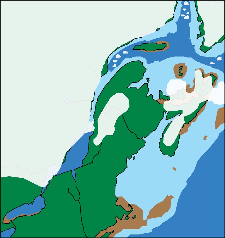 Colour image of eastern Canada showing changing position of ice age glaciers