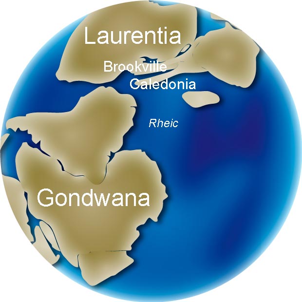 Colour image of globe showing changing position of continents Gondwana, Laurentia, Brookville, Caledonia