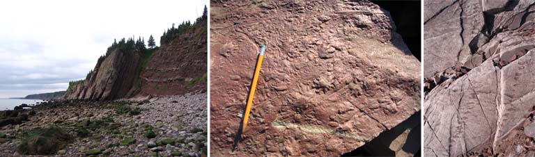 Triple image couleur : paroi rocheuse rouge; roche rouge et crayon comme valeur d'échelle; empreintes fossilisées dans le roc rouge