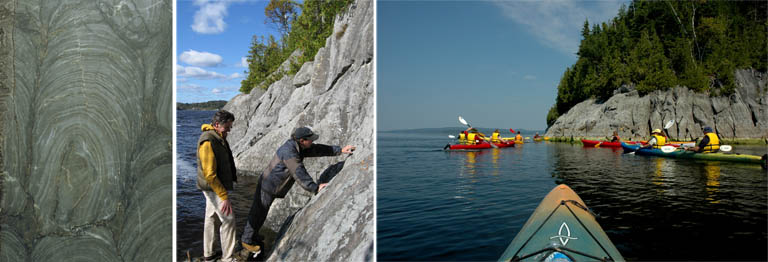 Triple image couleur : roche grise représentant des fossiles courbés; deux hommes en train d’examiner des roches; groupe de kayaks
