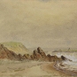 Watercolour painting of a shoreline with rocks layers exposed on the shore