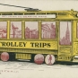 Colour drawing of an old yellow trolley car with a sign, St. John to Seaside Park